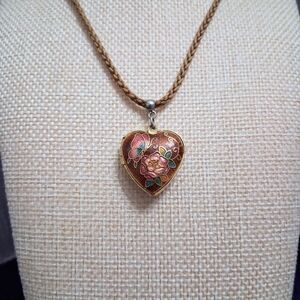 Vintage Cloisonne Heart Locket Butterfly Rose Cord Necklace Picture Keepsake